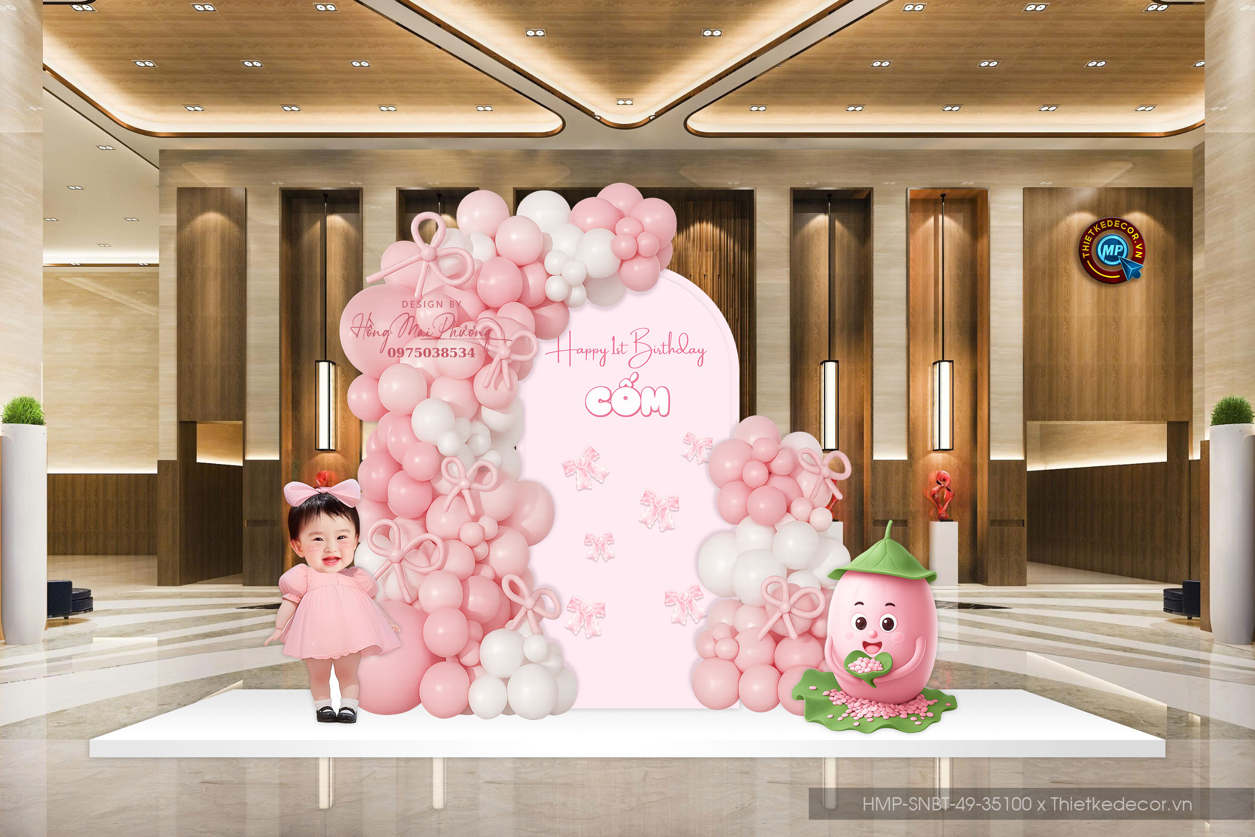 Tiệc sinh nhật nhỏ bé cute xinh sang tone hồng, bé tên Cốm